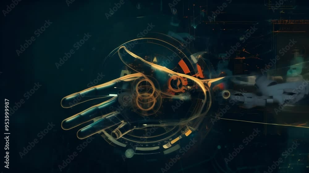 Poster Futuristic robotic hand with transparent components and digital interfaces, highlighting advanced robotics.