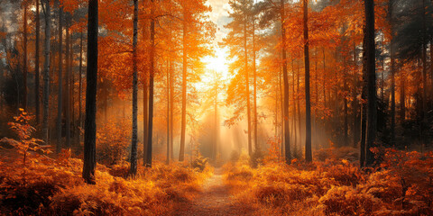 A sunlit path through an autumn forest with orange leaves, casting warm light. Perfect for concepts of nature, autumn, and outdoor beauty. Ideal for travel, tourism, and seasonal promotions.