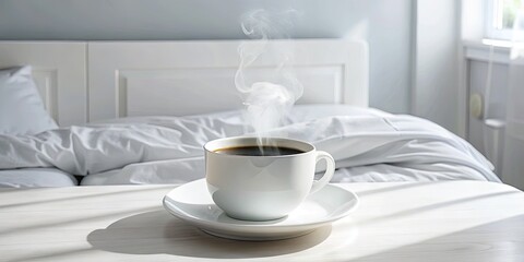 Fototapeta premium A steaming cup of coffee on a cozy white bedspread.