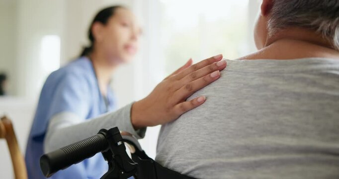 Senior care, caregiver or empathy with talking for support, wellness and healthcare in nursing home or retirement. Elderly, nurse or lady in wheelchair with touch for medical service or communication
