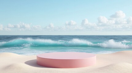 Pink Pedestal on Beach with Ocean Waves.