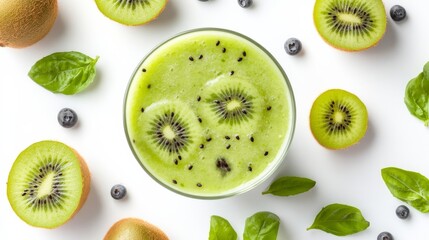 Fototapeta premium Kiwi Smoothie with Blueberries and Basil.