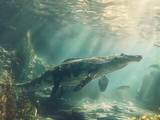 Fototapeta premium A prehistoric Albertonectes, a large marine reptile, swimming in a primeval ocean. The scene should reflect the creature’s long, streamlined body and flippers, with an ancient, underwater landscape fe