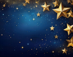 Golden stars falling on a sparkling blue background with copy space in the center