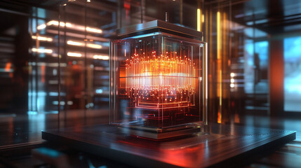 Futuristic quantum computing core in a glass chamber