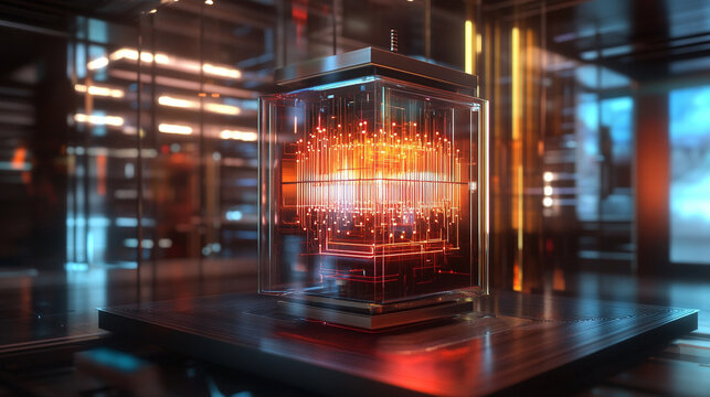 Futuristic quantum computing core in a glass chamber