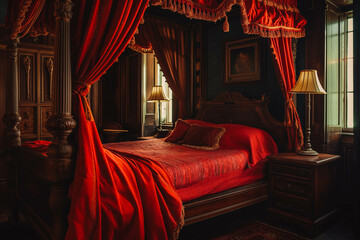 Ornate bed with red canopy and sheets in a cozy, dimly lit room with antique charm