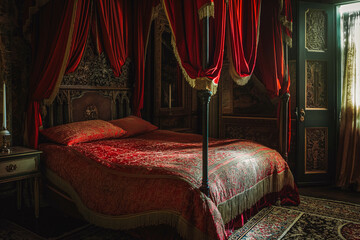 Ornate bed with red canopy and sheets in a cozy, dimly lit room with antique charm