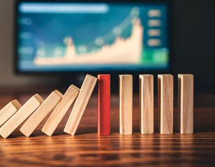 Row of dominoes falling with red one stopping chain reaction on wooden table with stock market graph on background