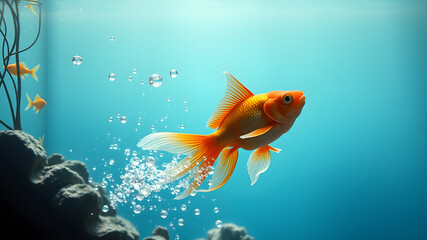 Fototapeta premium Goldfish leaps out of the aquarium to throw itself into the sea. Generative AI