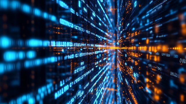 Abstract Digital Code Tunnel with Blue and Orange Glowing Lights