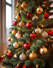 Christmas tree decorated with sparkling gold and red baubles is standing near the window in a warm light