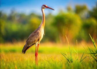 Fototapeta premium A Tall, Graceful Bird With Long Legs And A Long, Slender Neck Stands In A Grassy Field With A Blurred Background.
