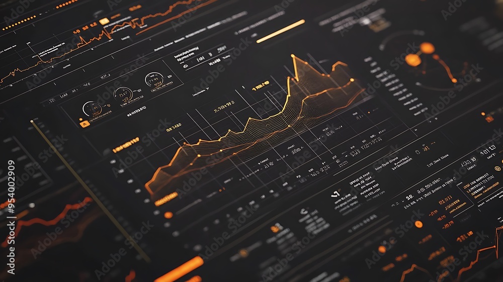 Wall mural close-up of a digital interface with data and charts in orange and white on black background