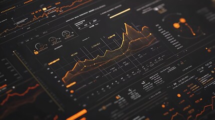 Close-up of a Digital Interface with Data and Charts in Orange and White on Black Background
