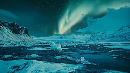 Naklejka premium Stunning view of the northern lights over an icy landscape 
