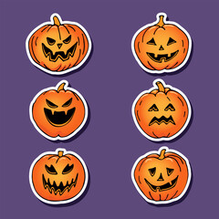 set of Halloween pumpkin stickers, hand drawn in cartoon style on a dark background.