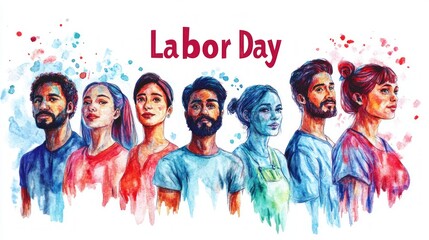 Diverse workforce portraits celebrating Labor Day in vibrant abstract watercolor style showcasing various industries and professions