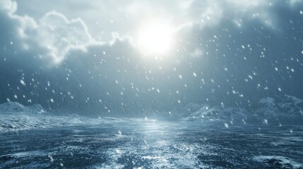 Fototapeta premium Winter landscape with falling snowflakes on a frozen lake, surrounded by snowy mountains and illuminated by soft sunlight.