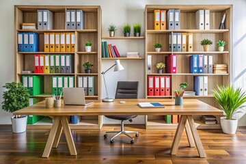 A tidy and modern workspace featuring a wooden desk, organized files, and colorful pens, surrounded by a wall