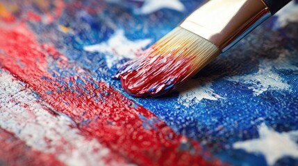 Fototapeta premium Patriotic Artistry: Close-up of Paintbrush Creating American Flag in Red and Blue Watercolors on Canvas with Vivid Textures