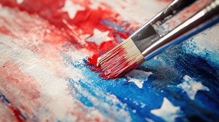 Fototapeta premium Patriotism in Action: Paintbrush Creating American Flag with Red and Blue Watercolors on Canvas