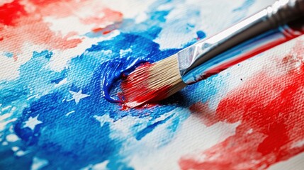 Obraz premium Patriotic Art Creation: Close-up of Paintbrush Painting American Flag with Red and Blue Watercolors on Canvas with Vivid Textures