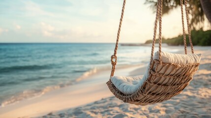 Obraz premium tranquil tropical beach backdrop features a beach swing or hammock, white sand, and a serene sea, ideal for relaxation and summer holidays