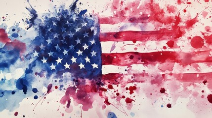 Creative Patriotism: Watercolor Painting of American Flag with Splatter Details