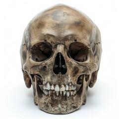 Obraz premium Antique Human Skull, Skeleton Bones, Halloween Isolated Creepy Clipart, Spooky Illustrated Object Element Icon, White Background for Easy Editing