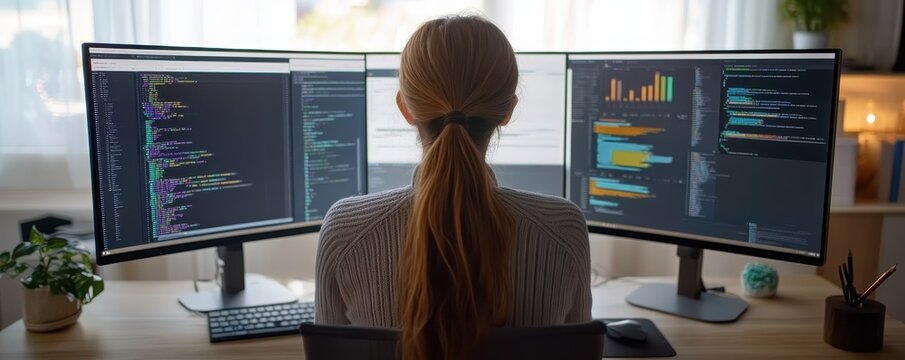 Woman programming at a multi-monitor setup, focusing on coding and data analytics, enhancing productivity and workflow efficiency.