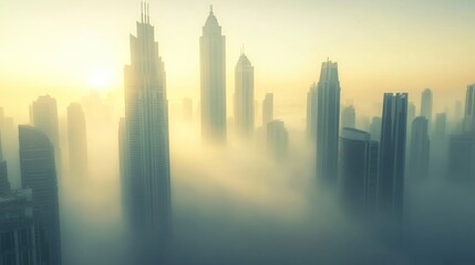 Fototapeta premium Downtown Dubai with skyscrapers drowning in thick fog