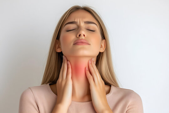 European woman with neck pain. Concept of sore throat, pharyngitis, laryngitis, thyroiditis, choking