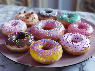 
A variety of colorful donuts arranged on a plate, with different toppings and sprinkles. cinematic style, Compositing Core, 8k, detailed,