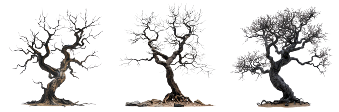 Three dead trees isolated transparent background