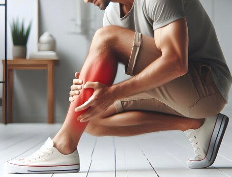 Handsome young man feeling leg pain. Concept of leg pain or cramps.