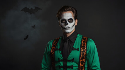 Obraz premium Man with halloween makeup and costume on dark background with bats