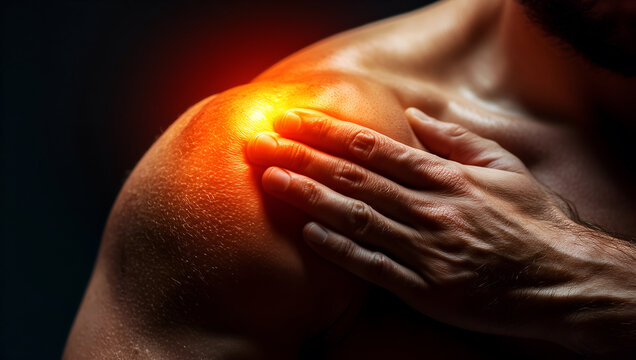 An athlete holding his shoulder because he suffers from pain.