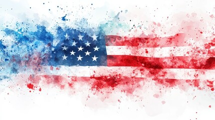 Patriotic Watercolor Abstract Design of USA Flag with Dynamic Brushstrokes and Color Splatters