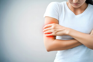 A woman holds her upper arm with visible discomfort, indicating upper arm pain.