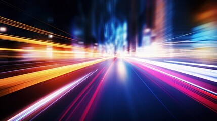Obraz premium A dynamic, blurred perspective of lights, suggesting high speed and motion in an urban setting.