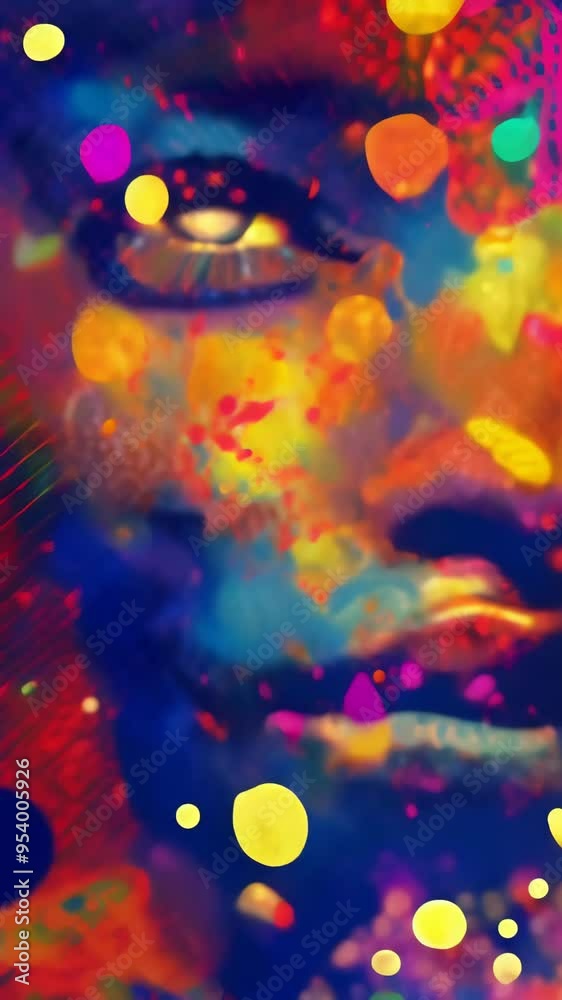 Poster Abstract artistic representation of a face with vibrant colors and digital textures, fusion of human creativity and AI technology. Intersection of art and artificial intelligence.