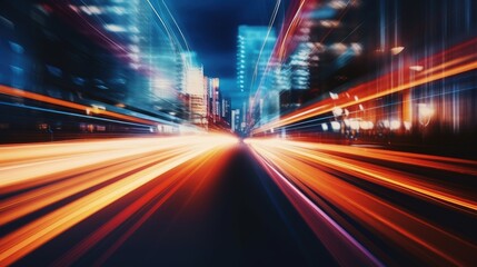 A dynamic cityscape at night, showcasing vibrant light trails from vehicles, emphasizing speed and urban energy.