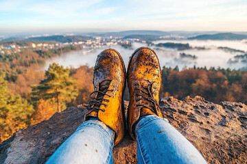 A pair of muddy brown hiking boots worn by a hiker are dangling off the edge of a rocky cliff, overlooking a foggy valley and a town in the distance, during a beautiful sunrise. Generated with AI.