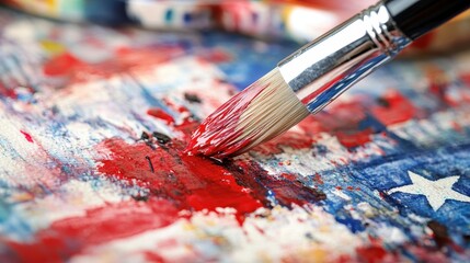 Fototapeta premium Creative Process of Painting American Flag with Watercolor Brushstrokes and Palette in Background
