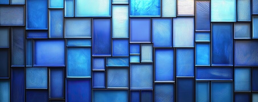 A series of overlapping rectangles in varying shades of blue, creating a sense of depth and perspective.