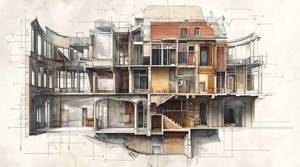 Fototapeta premium Architectural Cross-Section of a Building with Detailed Interior Design