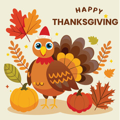 A poster for thanksgiving day with a turkey and pumpkins 