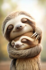 Two cartoon sloths hugging each other, symbolizing love and friendship on International Hug Day.