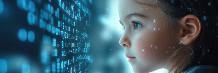 Little girl with digital code data overlay, cyberspace and information technology of the future. Ai education and cybersecurity